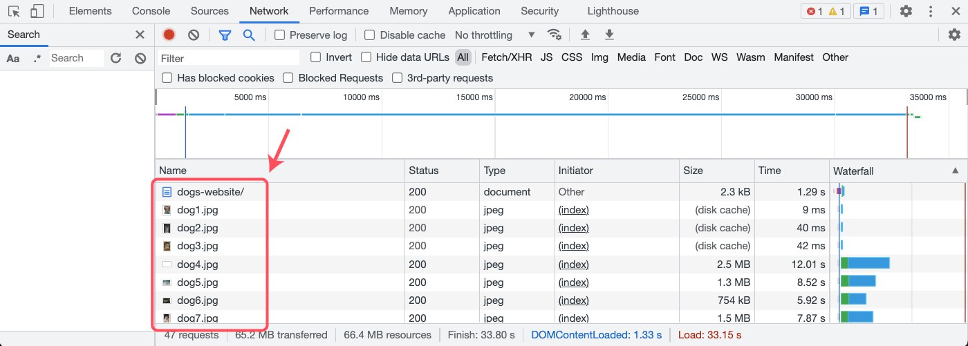 Network events in developer console