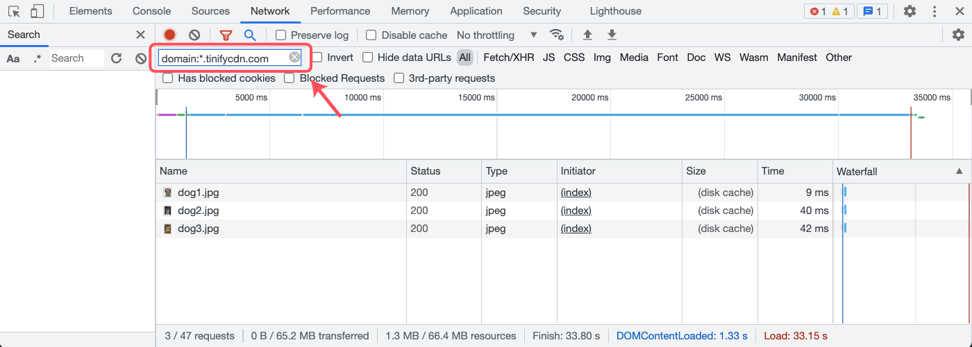 Filter on *.tinifycdn.com in network console