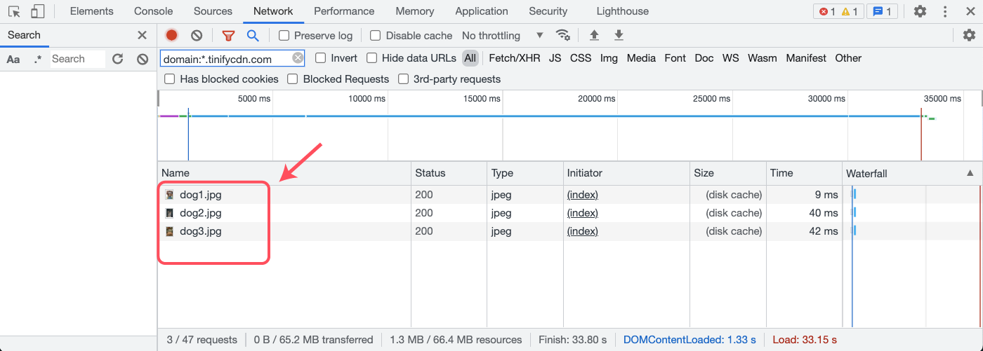 Look for TinifyCDN assets in network console