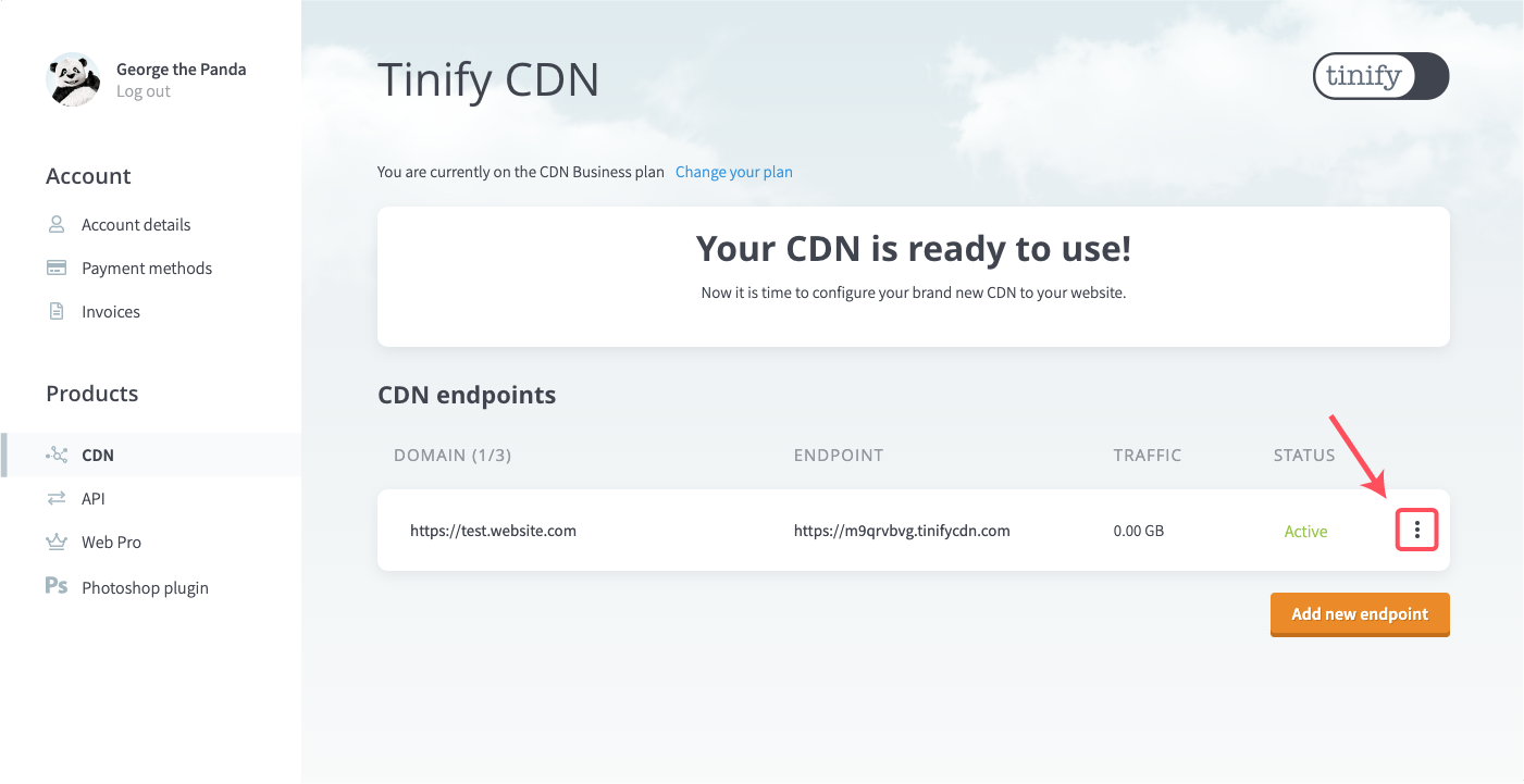 Tinify CDN site overview to menu