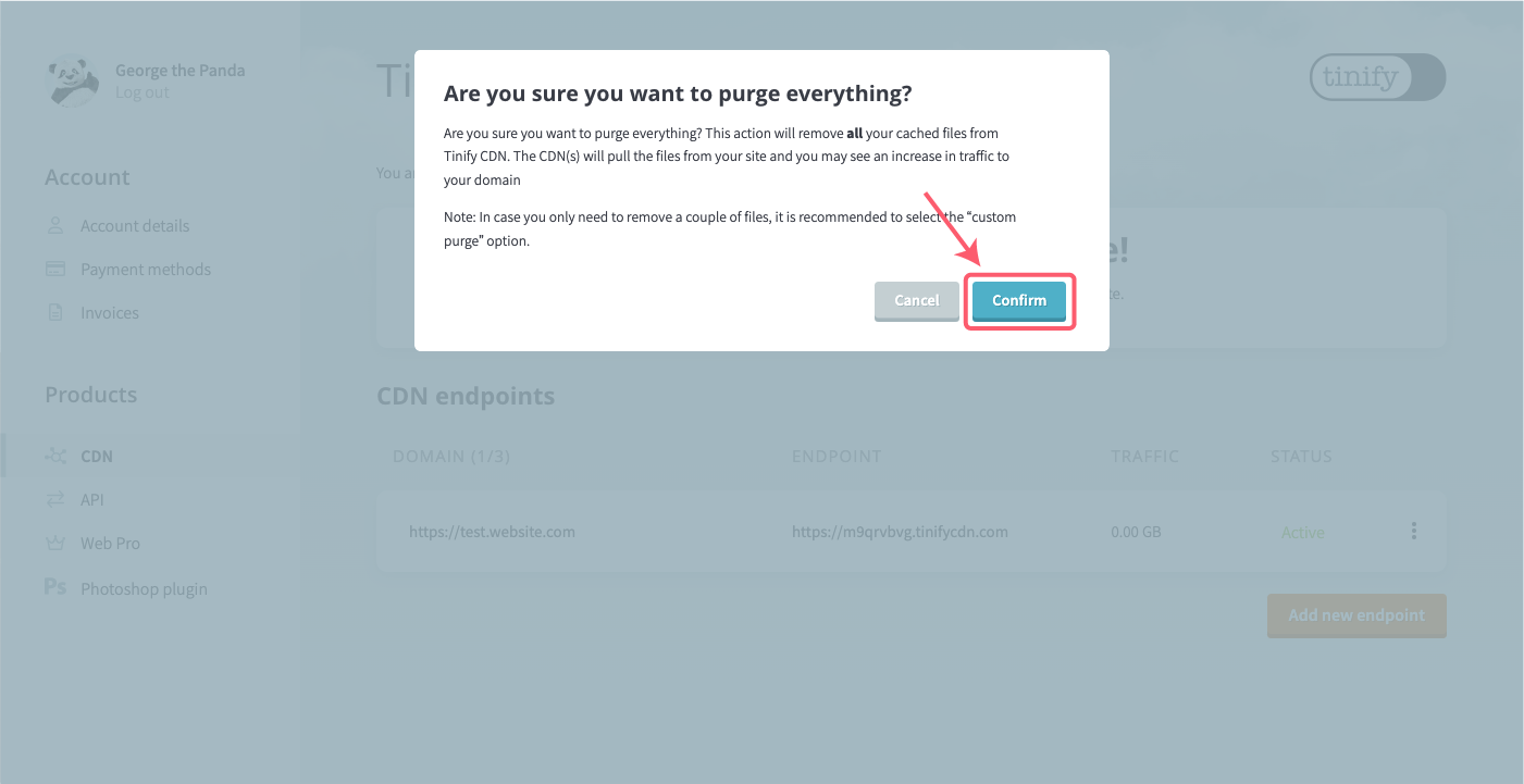 Tinify CDN purge all confirmation message