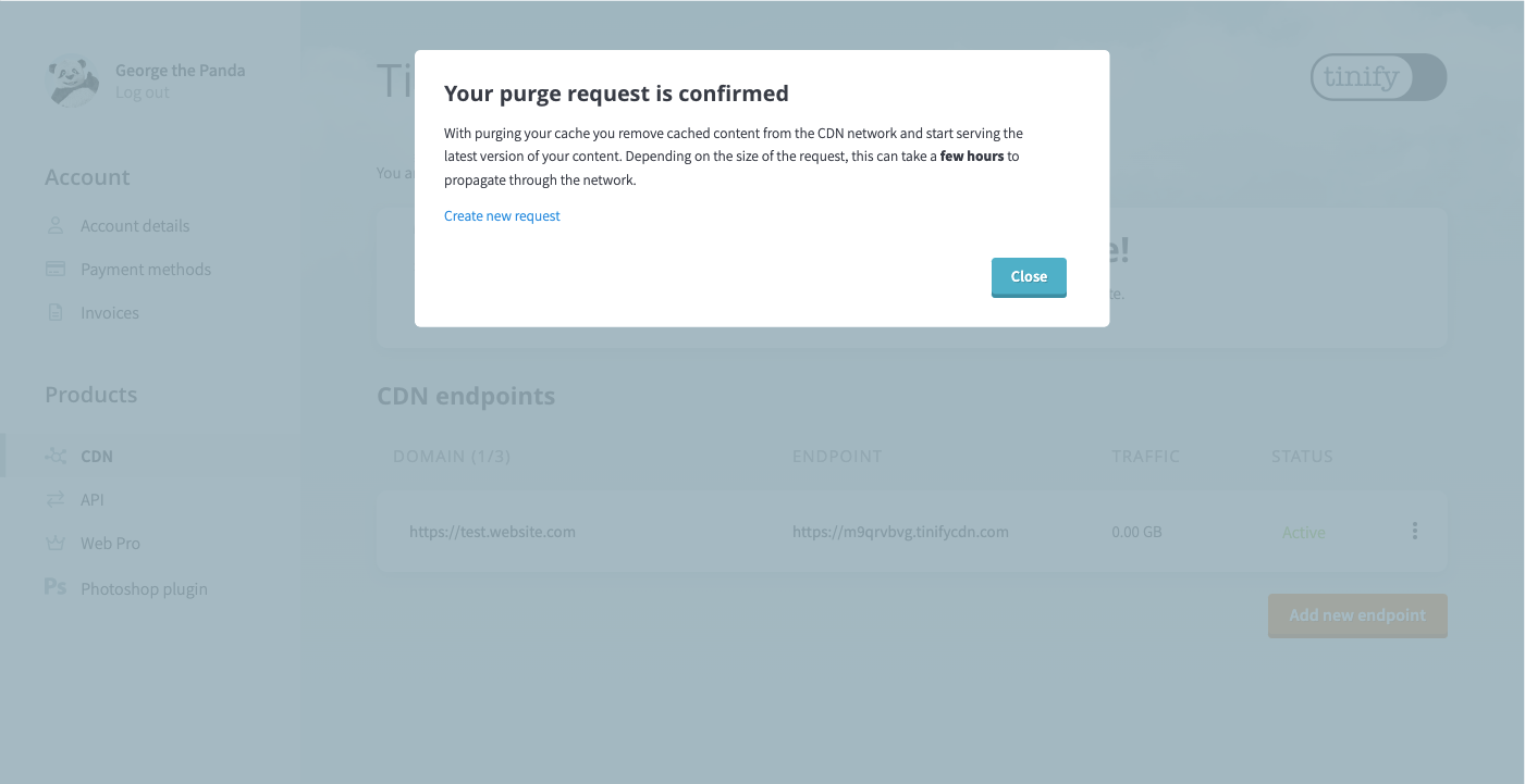Tinify CDN purge confirmation message