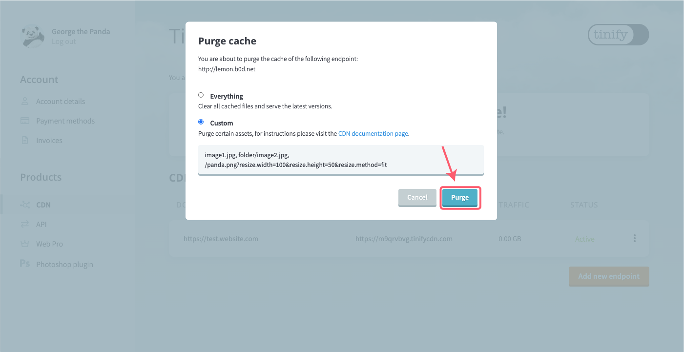 Tinify CDN purge custom paths